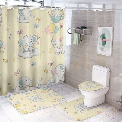 Cute Baby Elephant- 4 Pcs Waterproof Shower Curtain Set,Funny Cartoon Forest Wildlife Elephant Balloon Butterfly Designs with Waterproof Toilet Cover Shower Mat Rugs