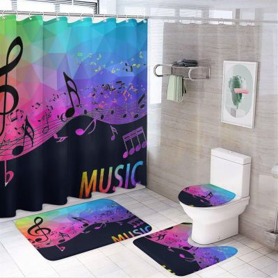 Rainbow Colorful Musical Notes 4 Pcs Waterproof Shower Curtain Set,Abstract Modern Art Music Keyboard Decor with Waterproof Toilet Cover Shower Mat Rugs