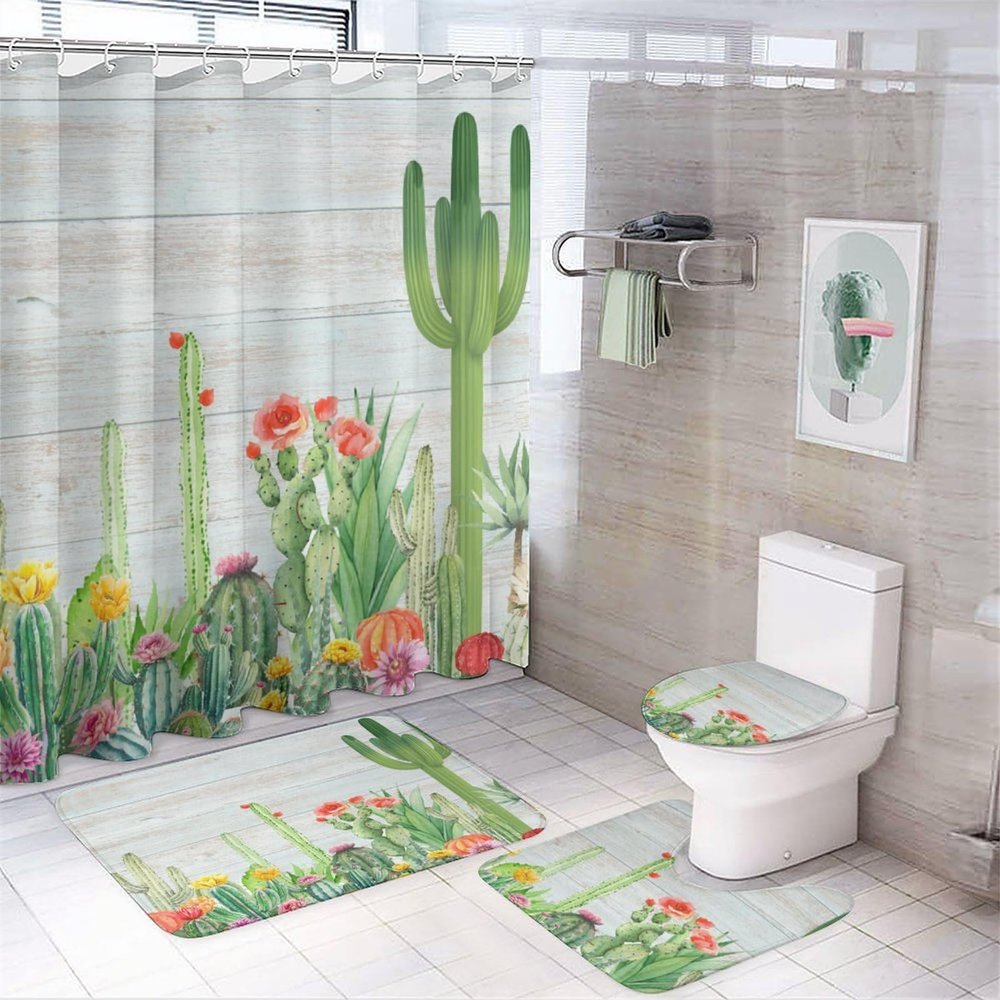 Watercolor Western Cactus 4 Pieces Shower Curtain Set,Spiny Cactus Flower Rustic Wooden Barn Door Non-Slip Rugs Toilet Lid Cover Bath Mat and Bathroom Curtain