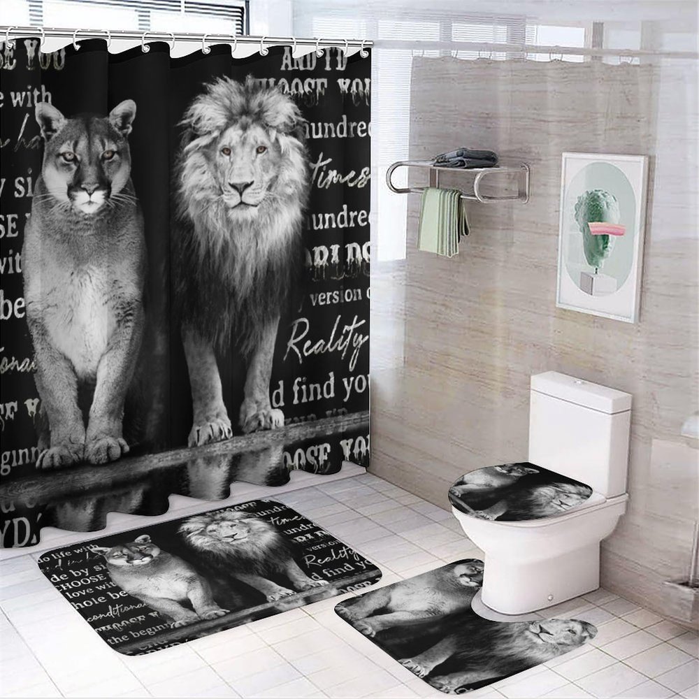 Vintage Medieval Lion Couple 4 Pieces Shower Curtain Set,Black Inspirational Positive Wildlife Lion Couple Non-Slip Rugs Toilet Lid Cover Bath Mat and Bathroom Curtain
