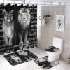 Vintage Medieval Lion Couple 4 Pieces Shower Curtain Set,Black Inspirational Positive Wildlife Lion Couple Non-Slip Rugs Toilet Lid Cover Bath Mat and Bathroom Curtain view 1
