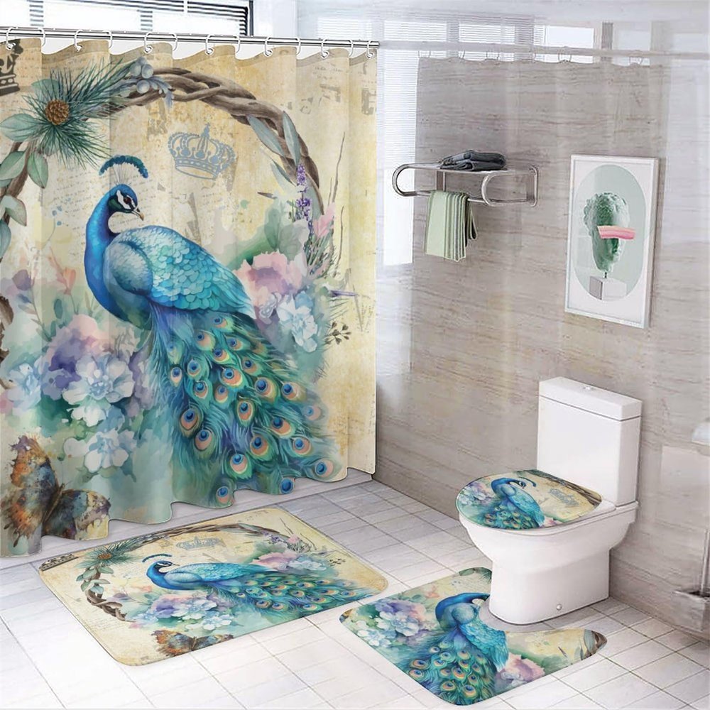 Retro Watercolor Peacock 4 Pieces Shower Curtain Set,Rustic Colorful Animal Peacock Crown Design Non-Slip Rugs Toilet Lid Cover Bath Mat and Bathroom Curtain