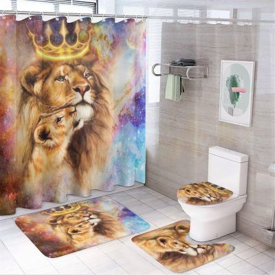 Rustic African Lion 4 Pcs Waterproof Shower Curtain Set,Summer Tropical Jungle Wildlife Lion Father and Son with Waterproof Toilet Cover Shower Mat Rugs