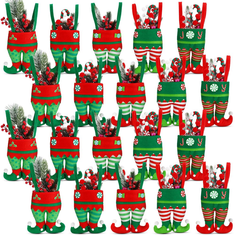 Abbylike 20 Pcs Christmas Candy Bags Bulk Santa Pants Boots Treat Bags with Handle Felt Stocking Xmas Goodies Bag Lovely Party Favor Decorations for Children Holiday Teachers Decorations