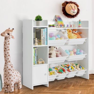 CAPHAUS Toy Organizer with 8 White Plastic Bins, Perfect Storage Solution for Toddler Room Organizers