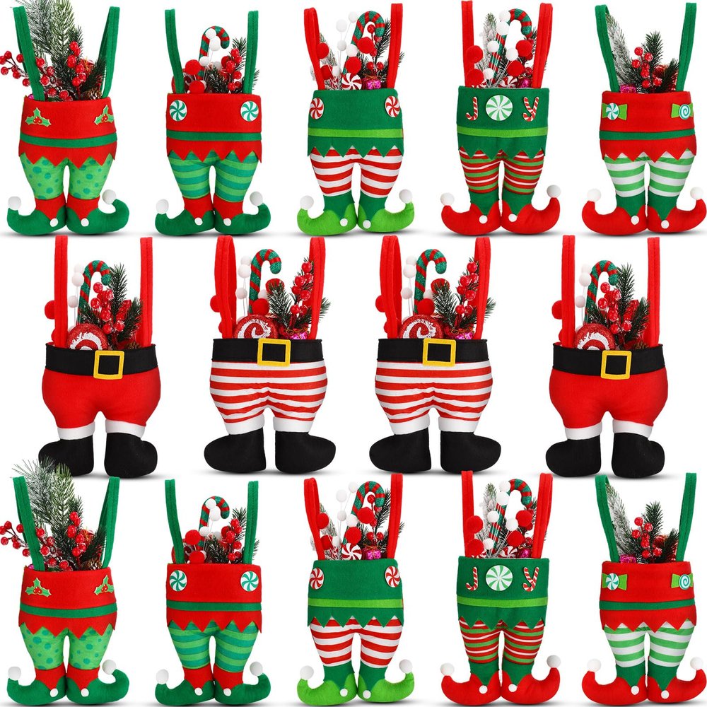 Abbylike Christmas Candy Bags Bulk Santa Pants Elf Boots Treat Bags with Handle Felt Stocking Xmas Goodies Bag Lovely Party Favor Decorations for Children Holiday Teachers Decorations(14 Pcs)