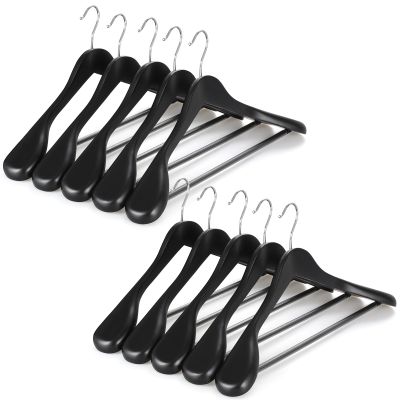 TOPIA HANGER Wide Shoulder Wooden Hangers, Suit Hangers with Non Slip Pants Bar & 360 Swivel Hook, Solid Wood Heavy Duty Coat Hanger, 10 Pack (Matte Black)-CT02B-10