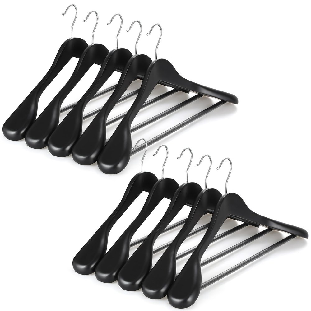 TOPIA HANGER Wide Shoulder Wooden Hangers, Suit Hangers with Non Slip Pants Bar & 360 Swivel Hook, Solid Wood Heavy Duty Coat Hanger, 10 Pack (Matte Black)-CT02B-10