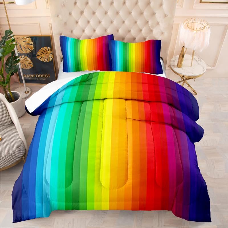 Jingzhang Rainbow Comforter Set Queen Size, 3D Print Colorful Rainbow Stripes Bedding Set All-Season Dreamy Rainbow Stripes Quilt Duvet Insert 3 Pieces