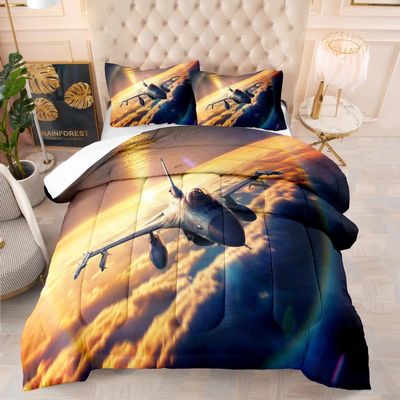 Jingzhang Aircraft Comforter Set Queen Size, 3D Print Golden Sunset Clouds Aircraft Bedding Set All-Season Fantasy Sunset Clouds Aircraft Quilt Duvet Insert 3 Pieces