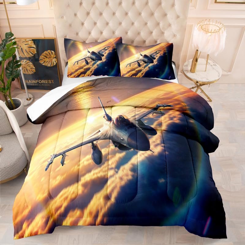 Jingzhang Aircraft Comforter Set Queen Size, 3D Print Golden Sunset Clouds Aircraft Bedding Set All-Season Fantasy Sunset Clouds Aircraft Quilt Duvet Insert 3 Pieces