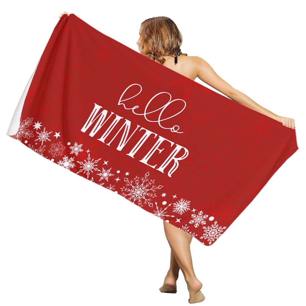 Gsypo Microfiber Beach Towel Oversized 31x63, Hello Winter Merry Christmas Red Texture Swimming Pool Towels for Adult, Absorbent Sand Free Lightweight Beach Towels for Beach Bath Yoga Hotel