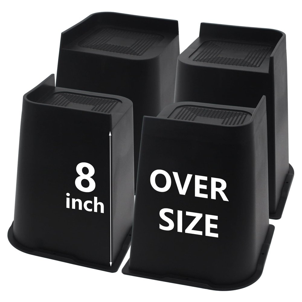 HANIHUA Bed Risers 8 inch Heavy Duty, 4 Pack Oversized Furniture Risers, Black Bed Lifts Risers for Table, Sofa, Chair, Couch, Desk, Bed Frame Risers Supports Up to 6,500 Lbs