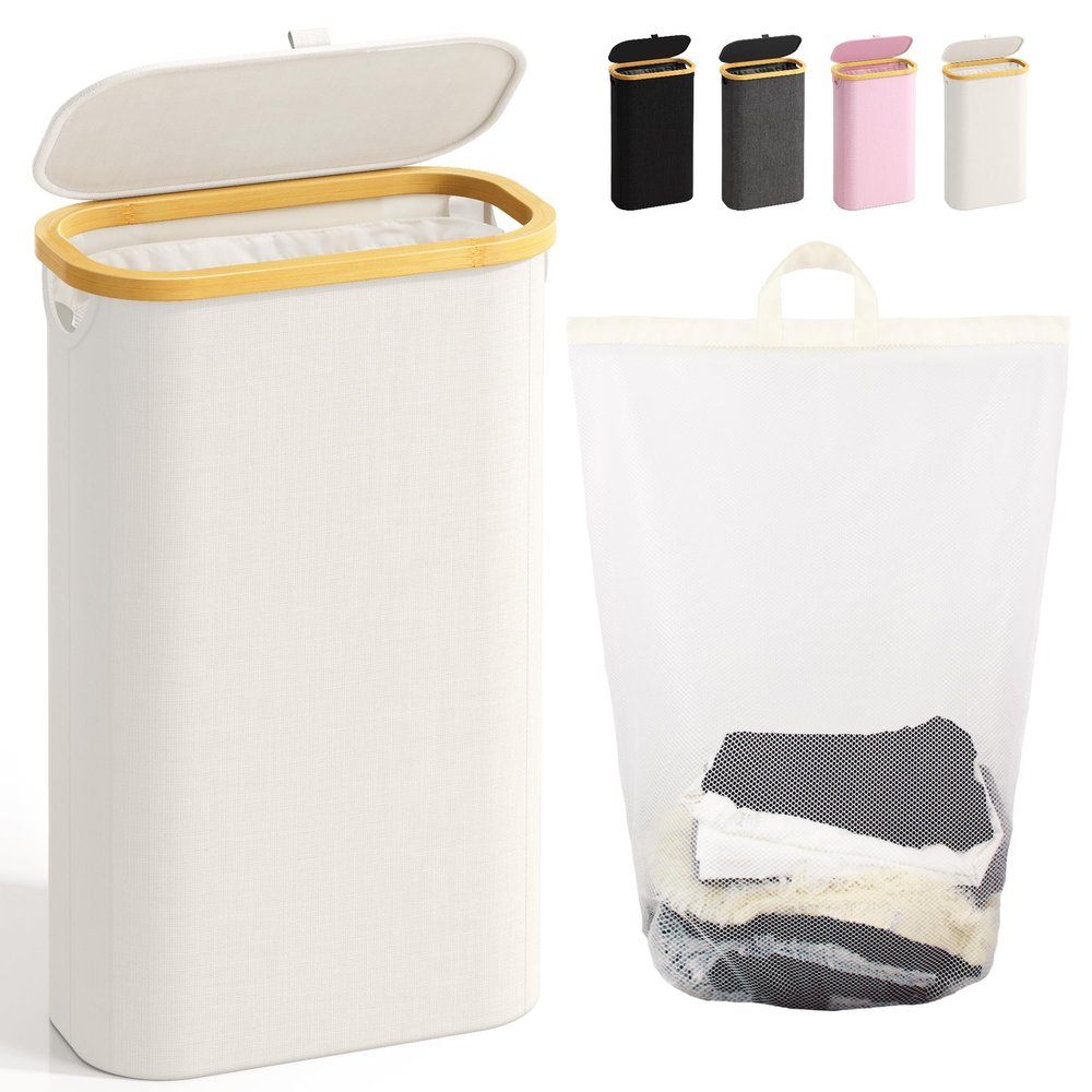 Bathola 75L Slim Laundry Hamper with Lid, Dirty Clothes Hampers for Laundry, Collapsible Laundry Baskets for Small Spaces, Bedroom, Bathroom, Laundry Room, Beige