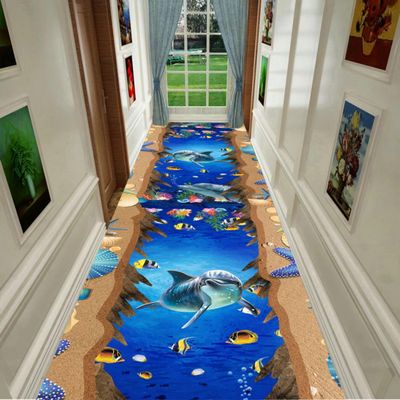 3D Sea Animals Runner Rug,2x10ft, for Hallway, Beach Dolphin Starfish Tropical Fish Runner Rug, Optical Illusion Entryway Rugs, Long Anti-Slip Hallway Rug for Entrance Living Room