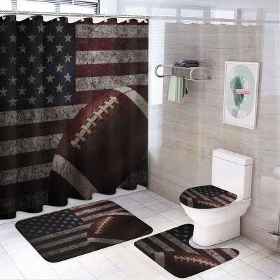 Boys Soccer American Football 4 Pcs Waterproof Shower Curtain Set,Vintage Wood Board Sports Games Football American Flag with Waterproof Toilet Cover Shower Mat Rugs