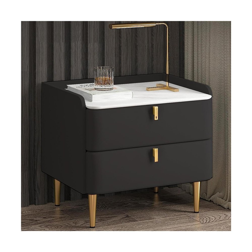 BKEKM Nightstands Bedside Table Solid Wood Rectangle End Table Faux Marble Top Nightstand with 2 Drawer Bedside Dresse Home Bedside Cabinet Well Made
