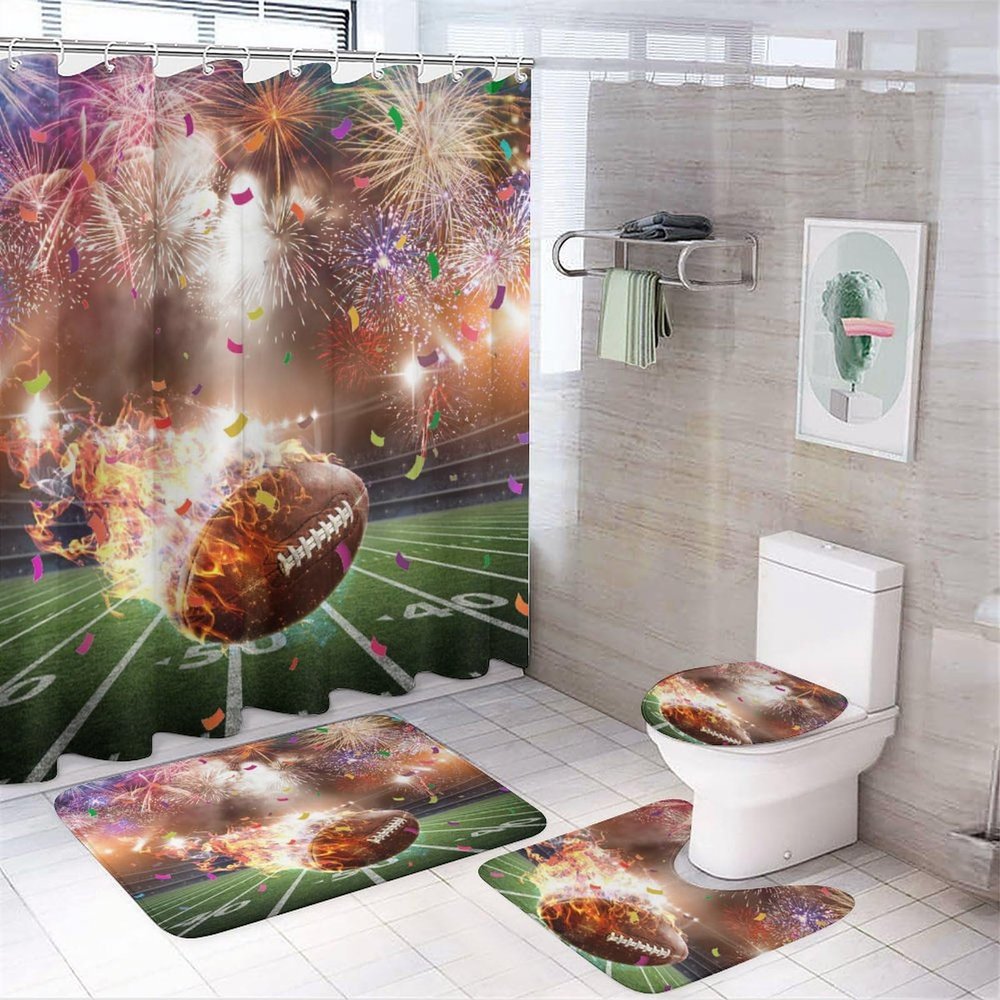 American Football Games 4 Pieces Shower Curtain Set,Boys Sports Football Rugby Field Theme Non-Slip Rugs Toilet Lid Cover Bath Mat and Bathroom Curtain