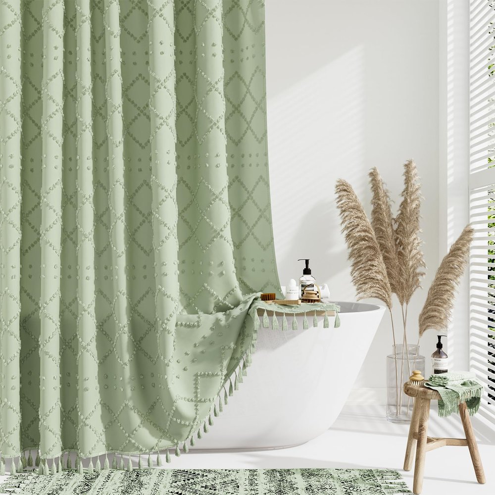 Dynamene Extra Long Shower Curtain, 84 Inch Long Boho Tufted Geometric Striped Fabric Shower Curtains for Bathroom, Tall Shabby Chic Waterproof Cloth Shower Curtain Set with Hook, sage Green, 72x84