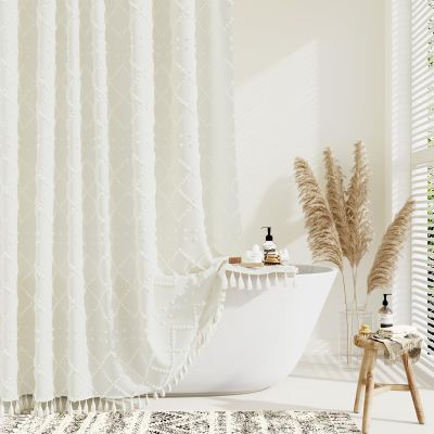 Dynamene 78 Inches Long Shower Curtain, Boho Tufted Geometric Striped Tall Cloth Shower Curtains for Bathroom Decor, Large Hotel Spa Luxury Shower Curtain Set with Hook, Wrinkle Free, Cream, 72x78