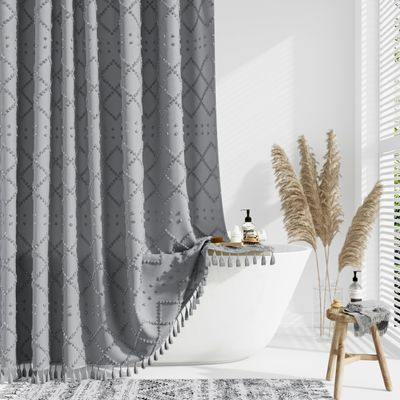 Dynamene Extra Long Shower Curtains, 96 Inches Long Boho Tufted Geometric Striped Fabric Shower Curtains for Bathroom, Tall Farmhouse Waterproof Cloth Shower Curtain Set with 12 Hook, Grey, 72x96