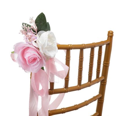 6PCS Wedding Aisle Chair Decorations Pew Flowers Simulation Chair Back Flower Church Banquet for Wedding Party Photography Props Sign Floral Decoration(Pink and White)
