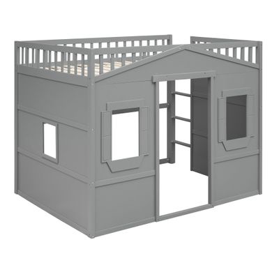 SECOLI Sturdy Wood Full Size Bed Frame Full Size House Loft Bed with Ladder-Gray