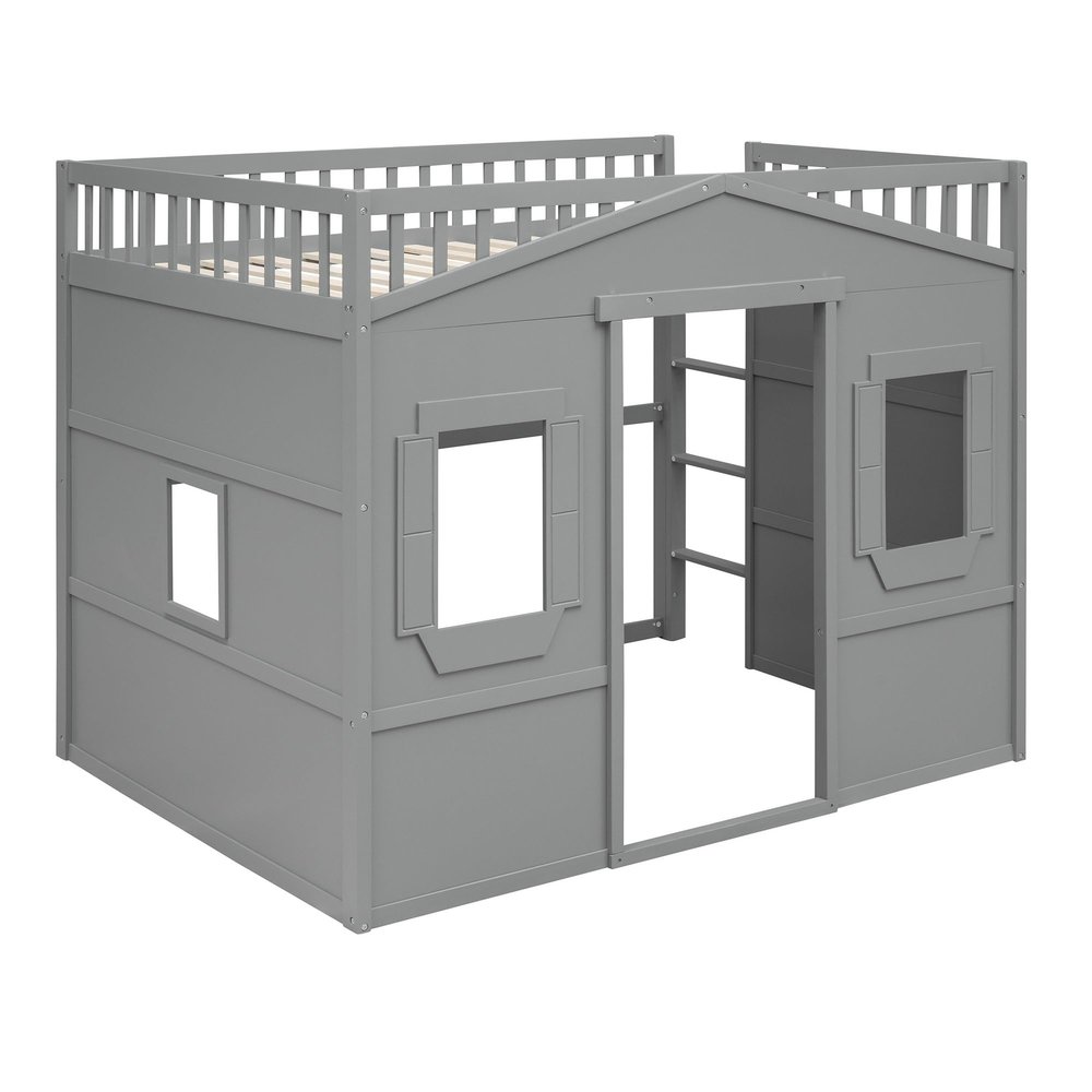 SECOLI Sturdy Wood Full Size Bed Frame Full Size House Loft Bed with Ladder-Gray