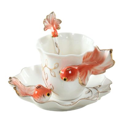 200ml/7oz Fashion, creative, personalized goldfish coffee cup, tableware set, ceramic tea set for office home-OrangeRed-201-300ml