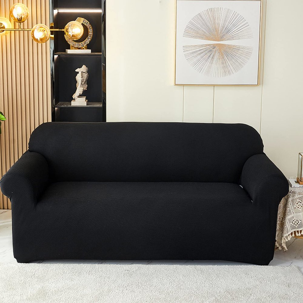 FLYIFE Piece Non-Slip Stretch Loveseat Slipcover,Spandex Jacquard Sofa Cover for Loveseat with Elastic Bottom for Living Room,Black,2 Seater(145-185cm/57-73inch)