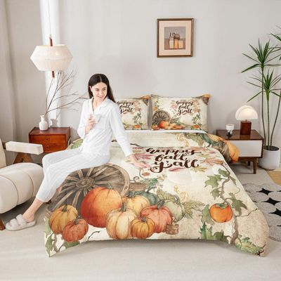Fall Cabin Kids Comforter Set Full Size,Autumn Maple Leaf Retro Bedding Set,Girls Boys Adults Bedroom Decor,Pumpkin Harvest Down Comforter,Rustic Farmhouse Duvet Insert,2 Pillowcases
