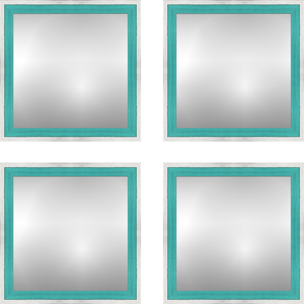Craig Frames White and Teal Square Wall Mirror for Bathroom, Living Room, Vanity, Horizontal or Vertical Wall Hanging, 16x16 Inch, Set of 4