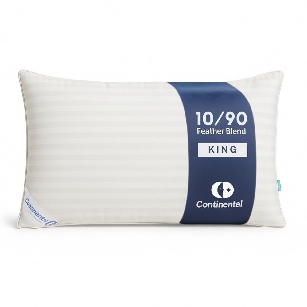 Continental Bedding Side Sleeper Feather Down Pillow, 10% Down 90% Feather Fill, Medium 6 inch Loft, 300TC 100% Cotton Shell