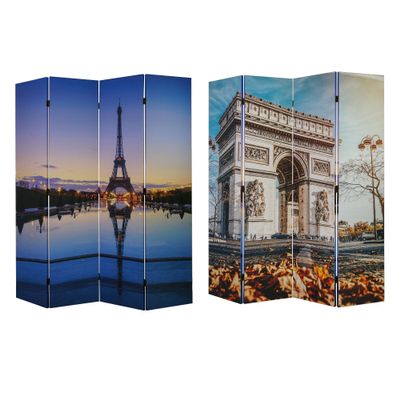 American Art Decor 4-Panel Dressing Room Divider - Double-Sided Paris Eiffel Tower & Arc de Triomphe Canvas - Portable Folding Privacy Screen for Room Separation (70" H)