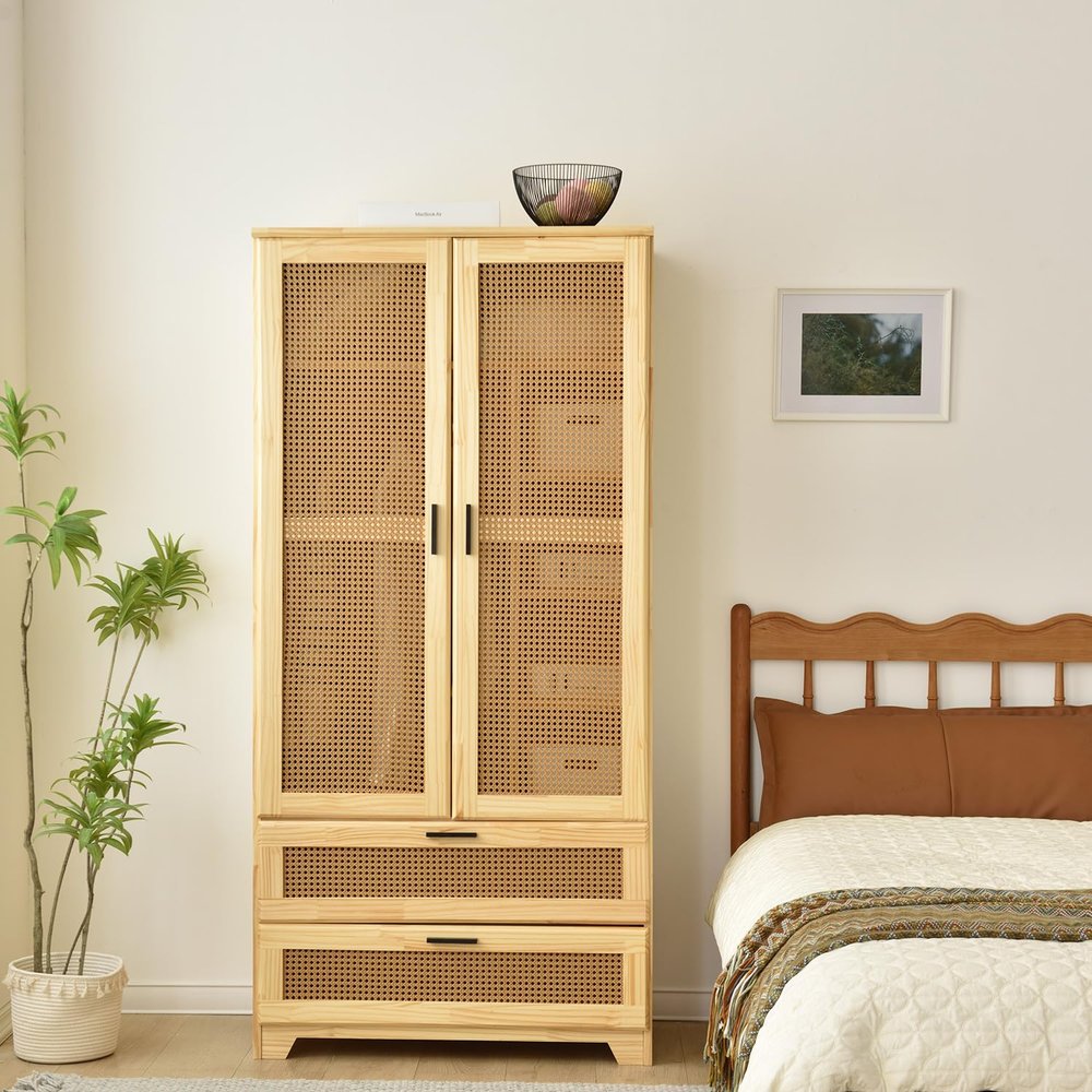 Pine Wood Closet with Rattan Doors and Two Drawers (Natural)