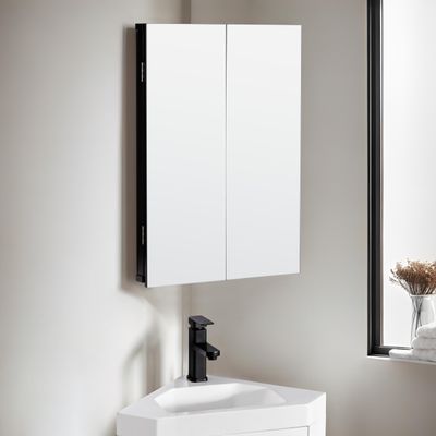eclife 24" Bathroom Corner Medicine Cabinet W/Mirror, Double Doors Bathroom Black Wall Mount Mirror Cabinet, Hanging Triple Shelf Storage Cabinet Opens Left and Right