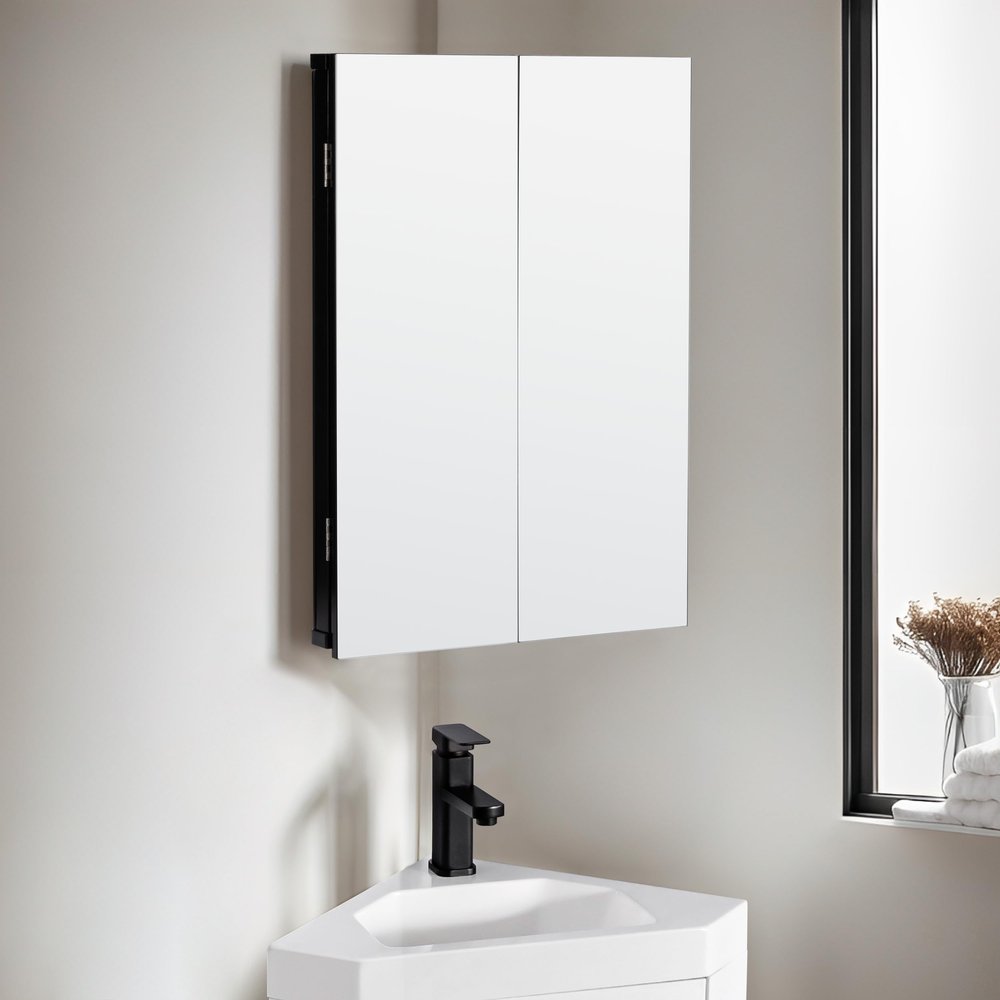 eclife 24" Bathroom Corner Medicine Cabinet W/Mirror, Double Doors Bathroom Black Wall Mount Mirror Cabinet, Hanging Triple Shelf Storage Cabinet Opens Left and Right