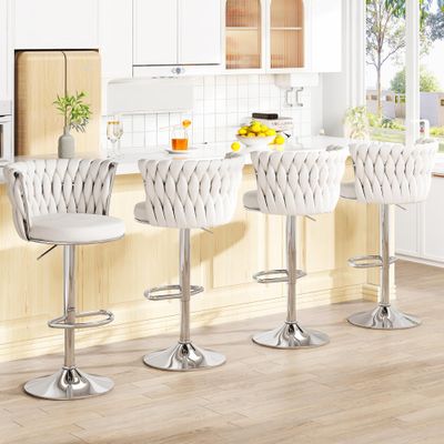 AWQM Velvet White Bar Stools Set of 4, Swivel Bar Height Barstools with Adjustable Counter Height, Upholstered Kitchen Island Chairs with Back & Footrest, Beige