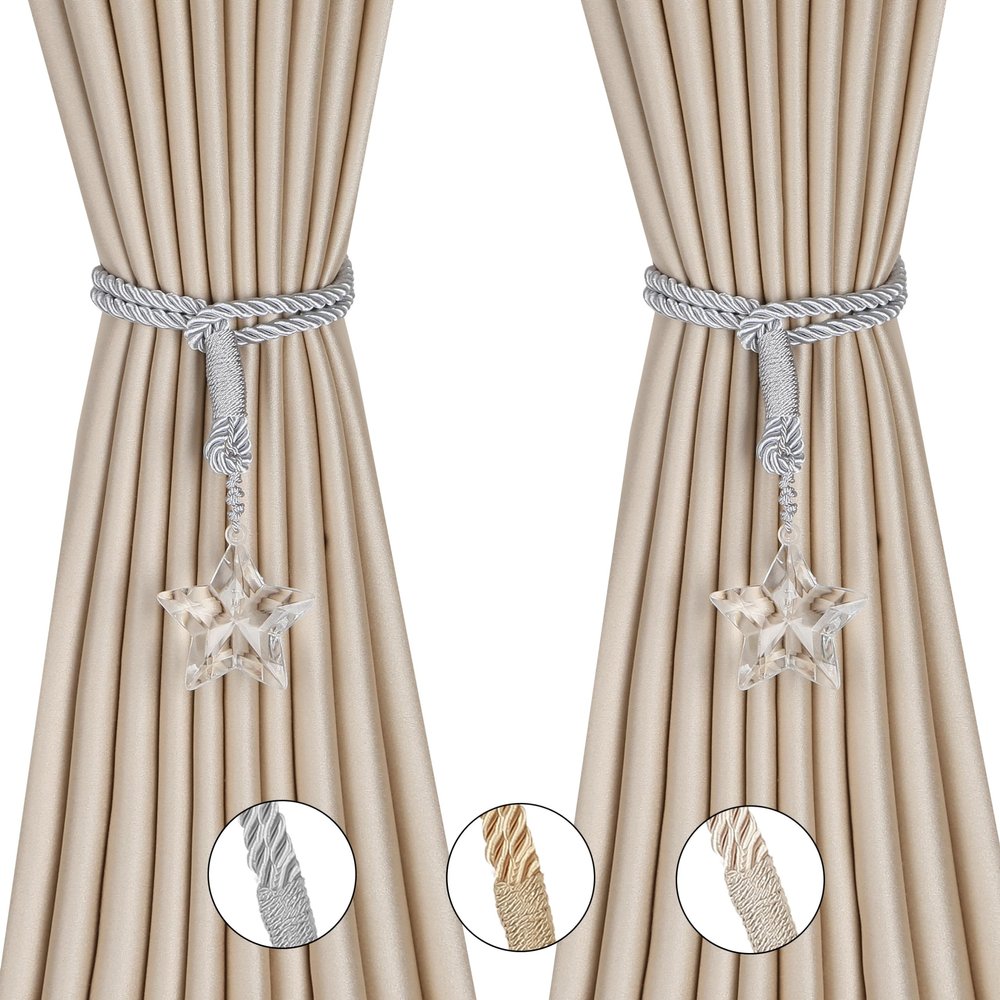 BEL AVENIR 2 Pack Crystal Curtain Tiebacks Luxury Handmade Knots Curtain Ties Elegant Drape Holdbacks Rope for Home Office Drapes Sheer DIY Decoration (Silver, C)