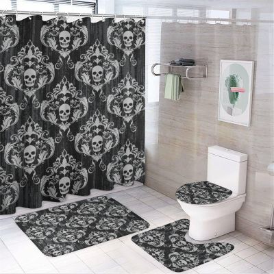 Gothic Vintage Skull 4 Pcs Waterproof Shower Curtain Set,Abstract Damask Background Antique Exotic Floral Skull with Waterproof Toilet Cover Shower Mat Rugs