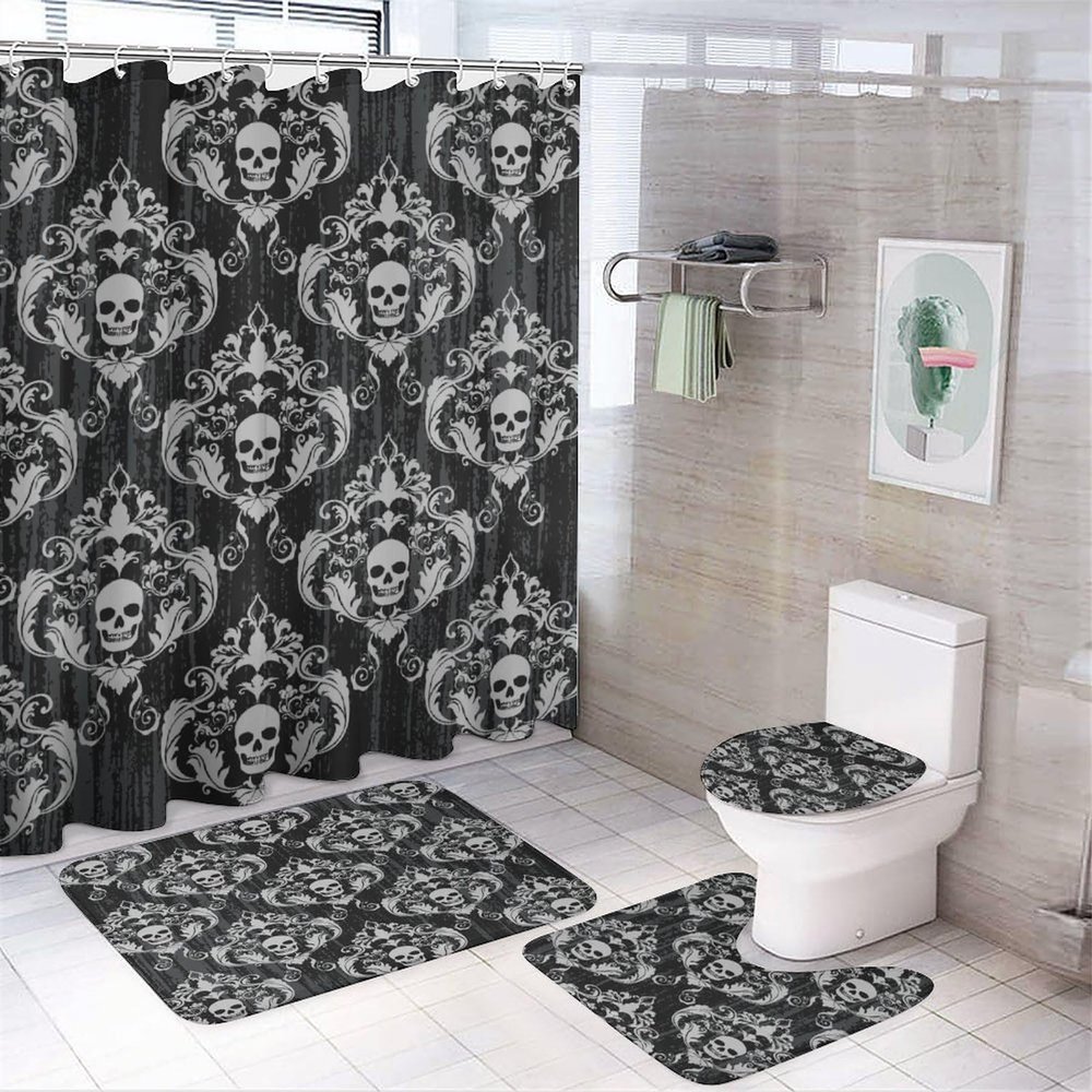 Gothic Vintage Skull 4 Pcs Waterproof Shower Curtain Set,Abstract Damask Background Antique Exotic Floral Skull with Waterproof Toilet Cover Shower Mat Rugs
