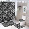 Gothic Vintage Skull 4 Pcs Waterproof Shower Curtain Set,Abstract Damask Background Antique Exotic Floral Skull with Waterproof Toilet Cover Shower Mat Rugs view 1