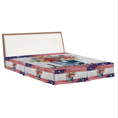 4th of July Bed Skirt Queen Size 18 Inch Drop with Split Corners, Independence Day Spring Floral American Wooden Dust Ruffled Pleated Bed Skirts Wrap Around Tailored Bed Skirt Valance for Bedroom