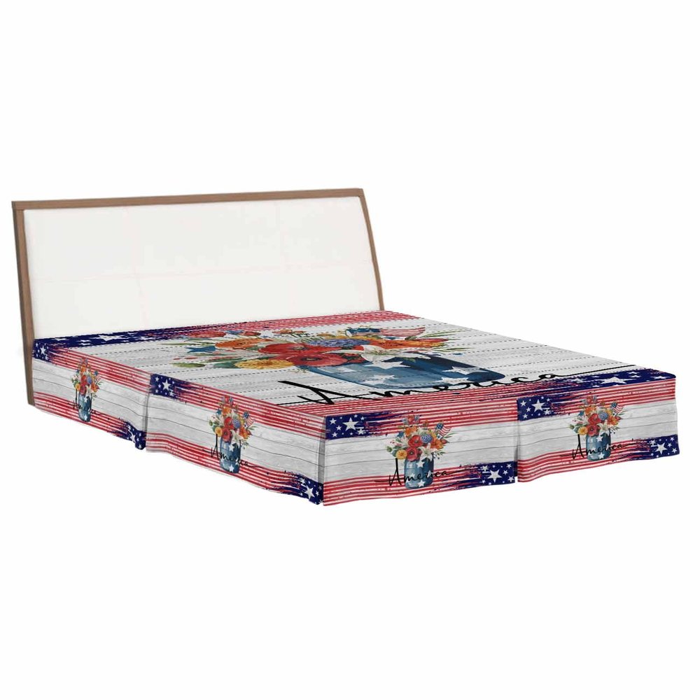 4th of July Bed Skirt Queen Size 18 Inch Drop with Split Corners, Independence Day Spring Floral American Wooden Dust Ruffled Pleated Bed Skirts Wrap Around Tailored Bed Skirt Valance for Bedroom