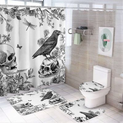 Vintage Halloween Skull 4 Pieces Shower Curtain Set,Gothic Skeleton Watercolor Crow Floral Dragonfly Non-Slip Rugs Toilet Lid Cover Bath Mat and Bathroom Curtain