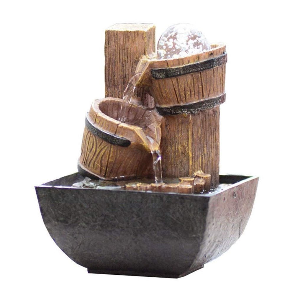 VALTEV Tabletop Water Fountain Tabletop Fountain Small Zen Water Fountain 2-Layer Resin Small Wooden Barrel and Circulating Water Fountain Home Garden Office Decoration Home Decor