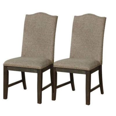 Benjara 20 Inch Dining Chair, Set of 2, Fabric, Espresso Wood, Nailhead Trim, Brown, Gray