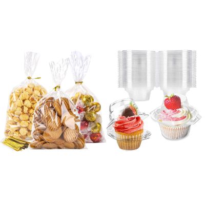 LOKIQNG 100 PACK Cellophane Bags Plastic Treat Bags Clear Cookie Bags Candy Bags with Twist Ties and 100 PACK Cupcake Boxes Plastic Individual Cupcake Containers Single Cupcake Carrier
