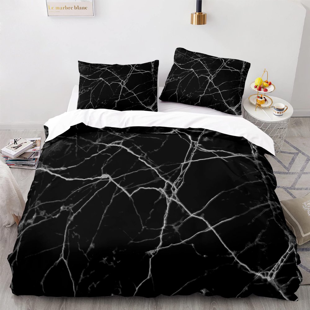 Black Marble Pattern Comforter Cover Bedding Set with White Flaw Full Size Abstract Art Modern Soft Duvet Cover Set Kids Adult Bedroom Quilt Cover Set with 2Pillowcases