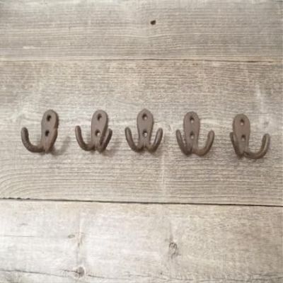 Vintage 5 Rustic Double Coat Hooks Cast Iron Wall Mount Hat Hook Towel Hardware